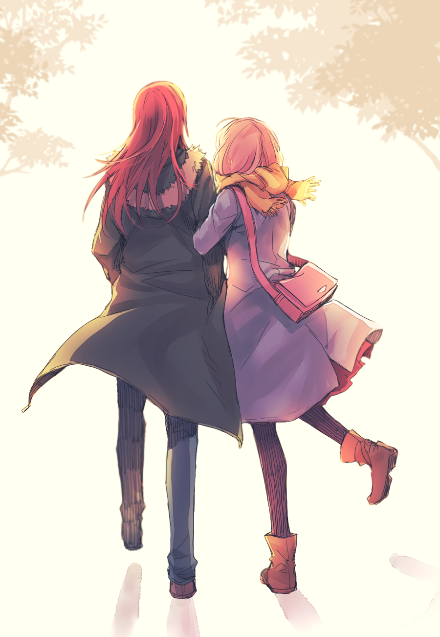 2girls arm_holding bag bang_dream! black_coat black_footwear black_legwear black_pants boots brown_footwear from_behind fur-trimmed_hood fur_trim highres hood hood_down hooded_jacket jacket long_hair multiple_girls pants pantyhose pink_hair purple_coat re_ghotion redhead scarf shoulder_bag tree udagawa_tomoe uehara_himari walking winter_clothes yellow_scarf yuri