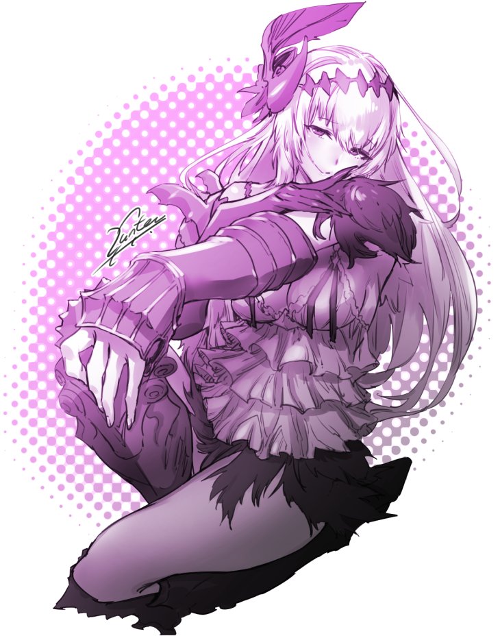 1girl :&gt; armor breasts camisole cleavage dark_jeanne dotted_background elbow_gloves flower gloves granblue_fantasy greaves hair_between_eyes hair_flower hair_ornament hairband jeanne_d'arc_(granblue_fantasy) layered_clothing long_hair looking_at_viewer signature single_glove skirt solo violet_eyes white_background white_hair zunta