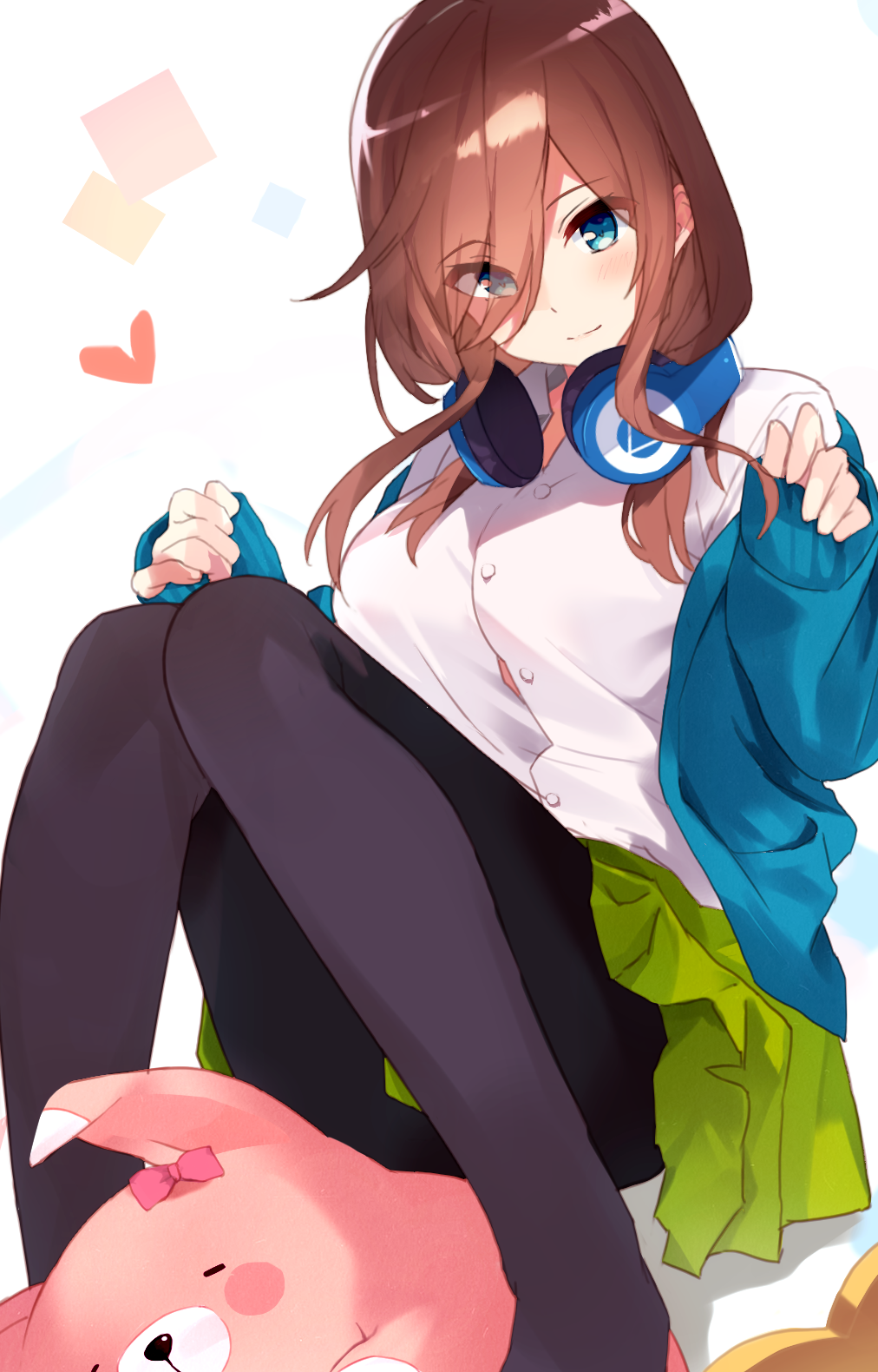 1girl bangs black_legwear blue_cardigan blue_eyes breasts brown_hair cardigan closed_mouth commentary_request eyebrows_visible_through_hair go-toubun_no_hanayome green_skirt hair_between_eyes headphones headphones_around_neck highres large_breasts legs long_sleeves looking_at_viewer medium_hair nakano_miku nanashi_star pantyhose shirt simple_background sitting skirt sleeves_past_wrists smile solo thighs white_background white_shirt