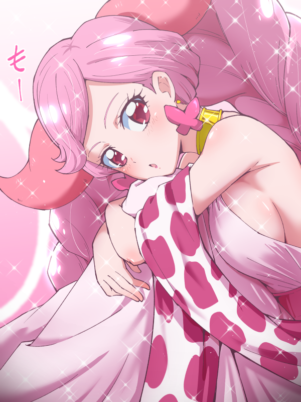 1girl animal_print breasts choker commentary_request cow_print earrings horns jewelry long_skirt pink_hair precure princess_taurus_(precure) sash sideboob skirt sleeveless solo star star-shaped_pupils star_twinkle_precure symbol-shaped_pupils tj-type1