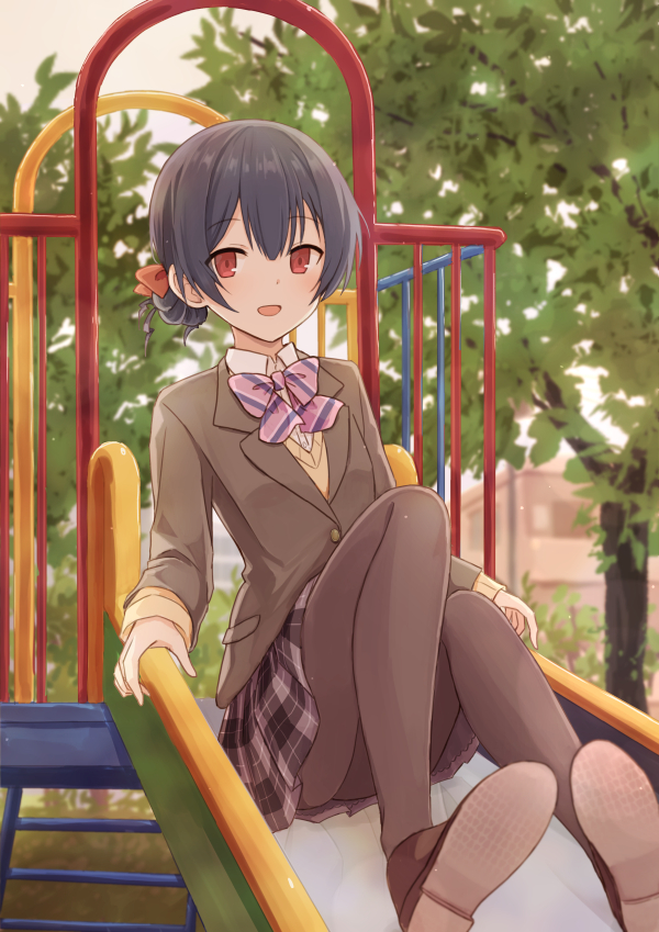 1girl :d black_hair blazer bow brown_footwear brown_jacket brown_legwear building day hair_bow idolmaster idolmaster_shiny_colors jacket long_sleeves morino_rinze mugi_(banban53) open_mouth outdoors pantyhose pink_bow plaid plaid_skirt playground red_bow red_eyes shoes short_hair skirt slide smile solo striped striped_bow sweater_vest tree