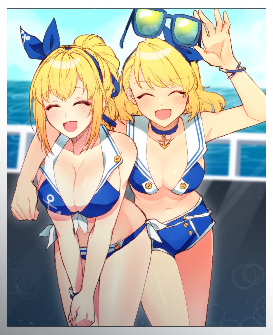 2girls ara_han arm_around_shoulder blonde_hair blush breasts cleavage dungking_els elesis_(elsword) elsword eyebrows_visible_through_hair multiple_girls smile sunglasses swimsuit