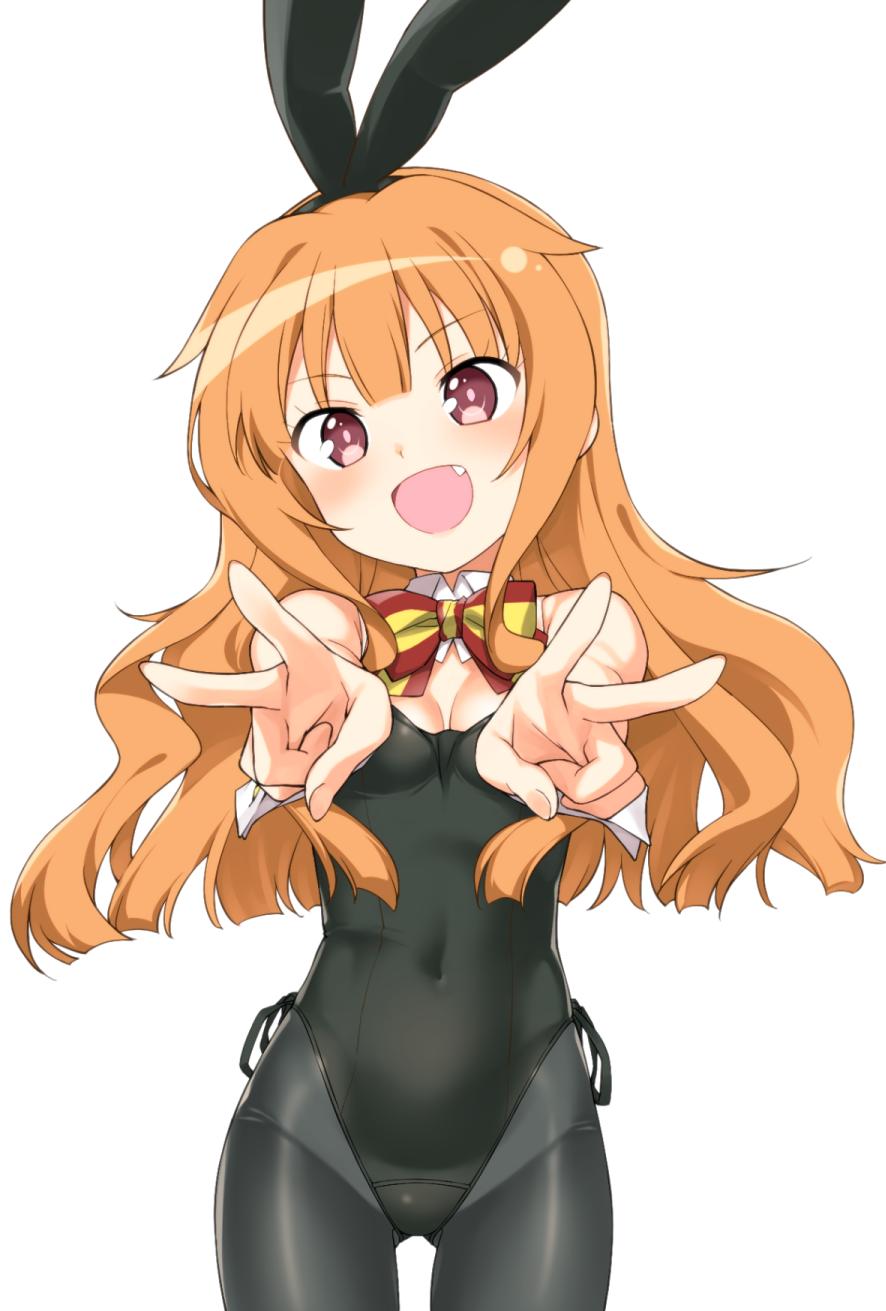 1girl :d amatsuka_mao animal_ears black_legwear black_leotard blush bow bowtie breasts brown_hair bunnysuit covered_navel detached_collar double_v eyebrows_visible_through_hair fake_animal_ears fang gj-bu hatakenaka_(kamagabuchi) head_tilt highres leotard long_hair looking_at_viewer open_mouth outstretched_arms pantyhose pink_eyes pink_hair rabbit_ears small_breasts smile solo striped striped_neckwear v v-shaped_eyebrows white_background wrist_cuffs