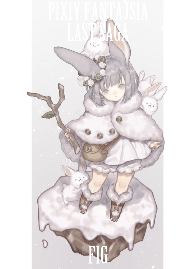1girl animal animal_ears animal_on_head bag bangs bloomers blunt_bangs boots brown_footwear bunny_girl character_request commentary_request dress faux_figurine from_above full_body fur fur-trimmed_boots fur_trim grey_background grey_hair head_tilt head_wreath holding_brush knee_boots leaf long_sleeves looking_at_viewer looking_up on_head pixiv_fantasia_last_saga rabbit_ears satchel short_hair simple_background snow snow_bunny solo standing underwear white_dress