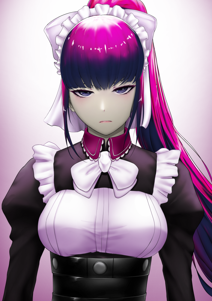 1girl bangs black_eyes black_hair blunt_bangs breasts eta37 glowing large_breasts long_hair long_sleeves looking_at_viewer maid maid_headdress narberal_gamma overlord_(maruyama) ponytail puffy_sleeves simple_background solo