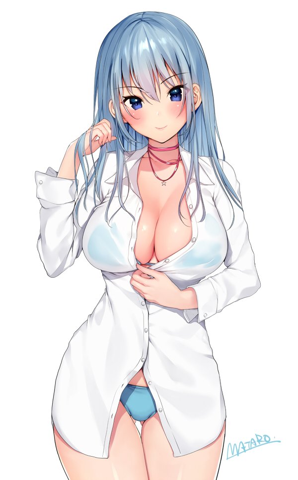 1girl bikini blue_bikini blue_eyes blue_hair blush breasts buttons choker cleavage collarbone jewelry large_breasts long_hair long_sleeves looking_at_viewer matarou_(genkai_toppa) necklace original see-through_silhouette shirt simple_background smile solo star star_necklace swimsuit unbuttoned white_background white_shirt