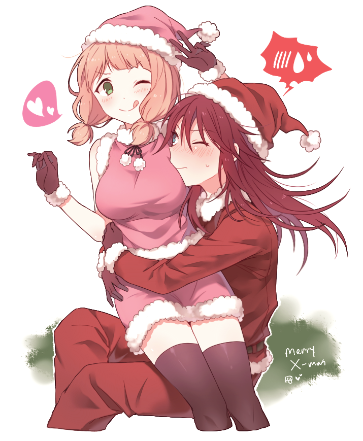 2girls ;q bang_dream! black_gloves black_legwear blush breasts christmas fur-trimmed_gloves fur_trim gloves green_eyes hands_up hat heart hug low_twintails medium_breasts merry_christmas multiple_girls one_eye_closed outline pants pink_hair pink_hat pink_shirt pink_skirt pom_pom_(clothes) re_ghotion red_hat red_pants redhead santa_hat shirt sitting skirt sleeveless spoken_blush spoken_heart spoken_sweatdrop sweatdrop thigh-highs tongue tongue_out twintails udagawa_tomoe uehara_himari w white_outline