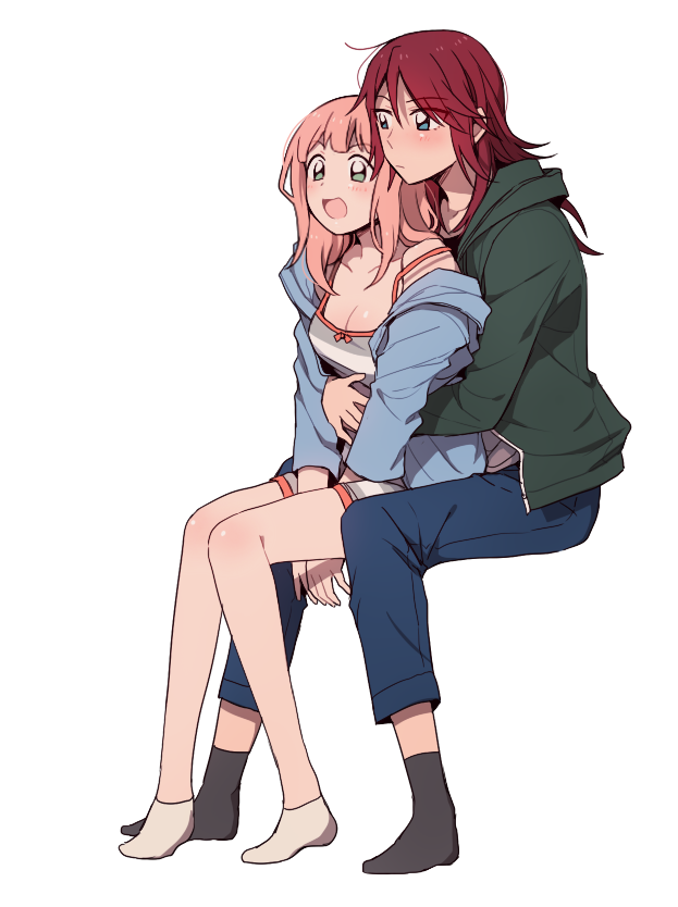 2girls :d bang_dream! bangs black_legwear blue_eyes blue_jacket blue_pants blush breasts camisole cleavage denim frown green_eyes green_jacket hair_down hood hood_down hooded_jacket hug hug_from_behind invisible_chair jacket jeans long_hair multiple_girls open_mouth pants pink_hair re_ghotion redhead shirt shorts simple_background sitting smile socks spaghetti_strap strap_slip udagawa_tomoe uehara_himari white_background white_legwear white_shirt