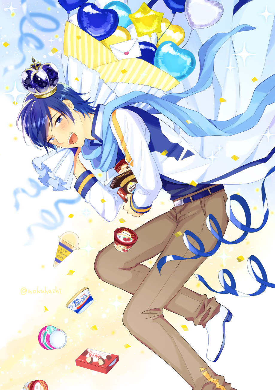 1boy balloon belt blue_hair blue_scarf coat commentary confetti crown envelope feet_out_of_frame food fruit heart_balloon highres holding holding_food ice_cream ice_cream_cone ice_cream_cup kaito leaning_forward looking_at_viewer nokuhashi pants scarf sparkle star_balloon strawberry twitter_username vocaloid