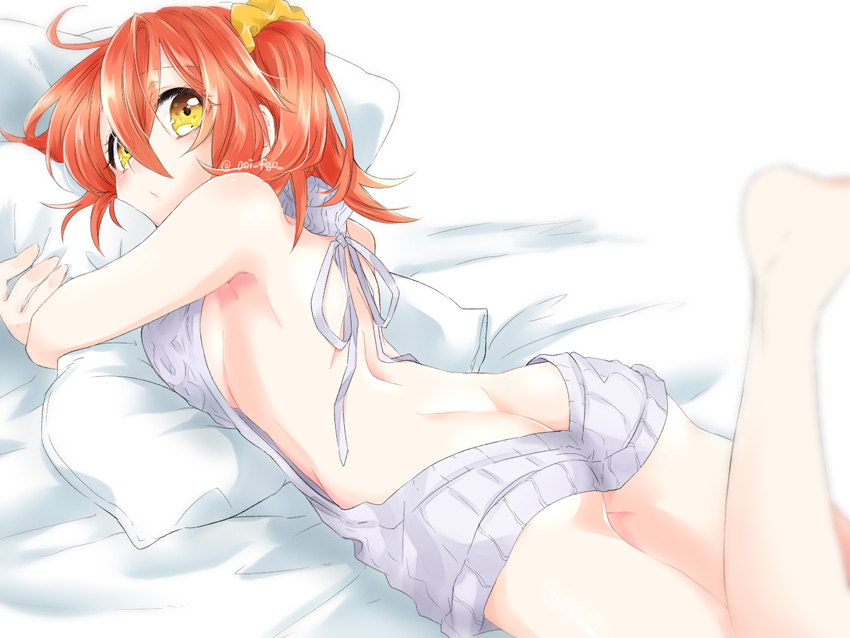 1girl ass bangs bed_sheet breasts eyebrows_visible_through_hair fate/grand_order fate_(series) female_ass fujimaru_ritsuka_(female) grey_ribbon grey_sweater hair_between_eyes hair_ornament hair_scrunchie looking_at_viewer lying meme_attire no_bra no_panties on_stomach pillow pillow_hug redhead scrunchie shino-o shiny shiny_hair side_ponytail sideboob sidelocks solo sweater virgin_killer_sweater yellow_eyes yellow_scrunchie