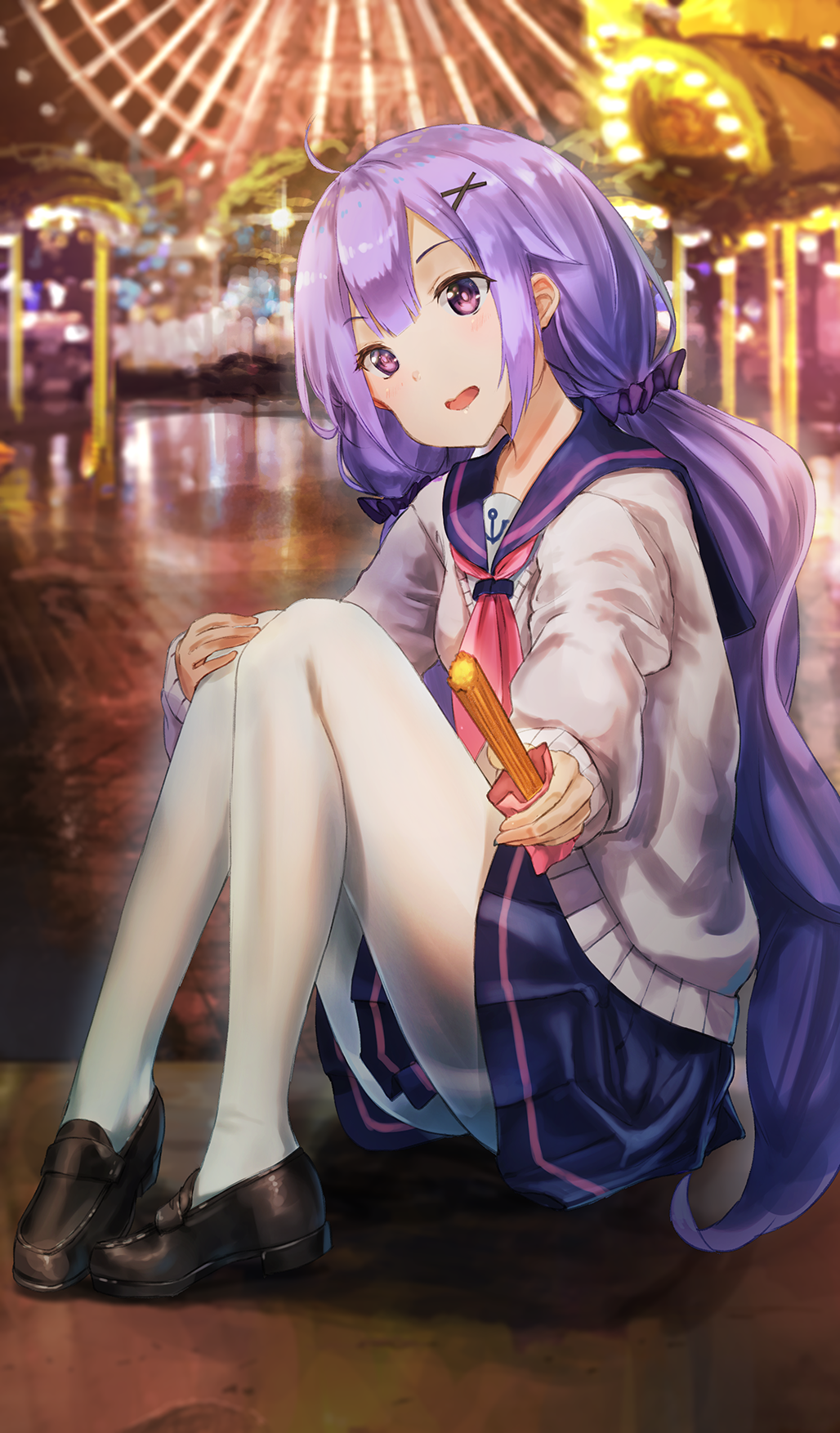 1girl :d ahoge anchor_print azur_lane black_skirt blurry brown_footwear carnival churro commentary_request depth_of_field ferris_wheel food full_body grey_sweater hair_ornament hair_scrunchie head_tilt highres holding holding_food knees_up light loafers long_hair long_sleeves looking_at_viewer miniskirt neckerchief night open_mouth outdoors outstretched_hand pantyhose pink_neckwear pleated_skirt purple_hair purple_sailor_collar reflection sailor_collar school_uniform scrunchie shirt shoes sidelocks sitting skirt sleeves_past_wrists smile solo sweater undershirt unicorn_(azur_lane) very_long_hair violet_eyes white_legwear white_shirt x_hair_ornament yu_ni_t