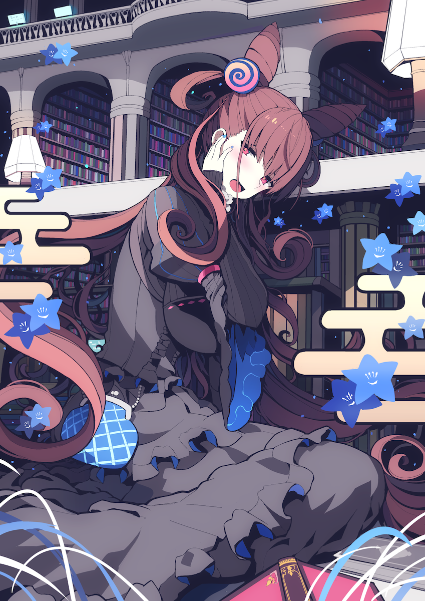 1girl bag bangs black_dress blue_nails book breasts brown_hair commentary_request double_bun dress eyebrows_visible_through_hair fate/grand_order fate_(series) frills hair_ornament hand_on_own_face handbag highres huge_breasts indoors lamp library long_hair long_sleeves looking_at_viewer murasaki_shikibu_(fate) nail_polish on_ground puffy_sleeves sitting solo star tranquillianusmajor very_long_hair violet_eyes