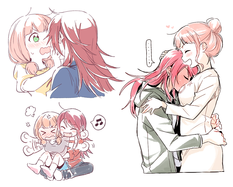 &gt;_&lt; ... 2girls :d =3 ^_^ ahoge anger_vein bang_dream! bangs blush butterfly_sitting closed_eyes closed_eyes dress face-to-face fang full-face_blush green_jacket grey_shirt hair_bun hair_up heart hood hood_down hooded_jacket hug hug_from_behind jacket long_hair long_sleeves low_twintails multiple_girls multiple_views musical_note open_mouth pink_hair pushing_away pushing_face re_ghotion red_shirt redhead shirt sidelocks sitting sitting_on_lap sitting_on_person smile socks spoken_ellipsis spoken_musical_note twintails udagawa_tomoe uehara_himari v-shaped_eyebrows waving_arms wavy_mouth white_background white_dress yellow_shirt yuri