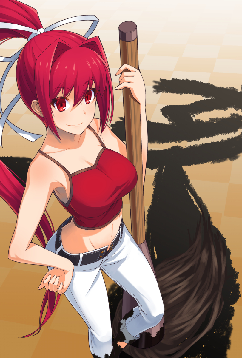 1girl belt breasts checkered checkered_floor cleavage collarbone floating_hair groin hair_between_eyes hair_ribbon hand_on_hip high_ponytail highres holding_brush inugoya large_breasts long_hair looking_at_viewer midriff navel pants red_eyes red_shirt redhead ribbon shiny shiny_hair shirt sleeveless sleeveless_shirt smile solo standing stomach under_night_in-birth very_long_hair white_pants white_ribbon yuzuriha_(under_night_in-birth)