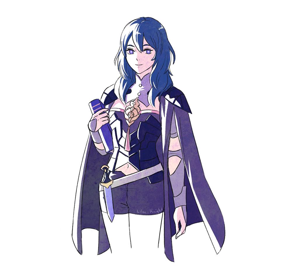 1girl armor artist_name black_armor black_shorts blue_eyes blue_hair book byleth cape closed_mouth fire_emblem fire_emblem:_three_houses holding holding_book knife lilac_knight long_hair navel nintendo shorts simple_background solo white_background