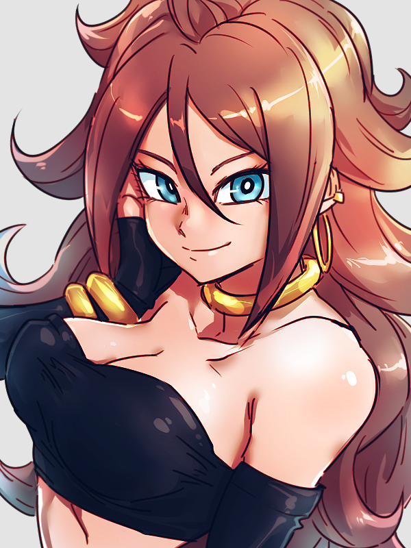 1girl android_21 arm_at_side bangs bare_shoulders black_gloves black_tank_top blue_eyes bracelet breasts brown_hair close-up cosplay dragon_ball dragon_ball_fighterz earrings elbow_gloves eyelashes gloves grey_background hair_between_eyes hand_in_hair hoop_earrings jewelry large_breasts long_hair looking_at_viewer majin_android_21 majin_android_21_(cosplay) necklace simple_background smile solo spiky_hair st62svnexilf2p9 tank_top upper_body