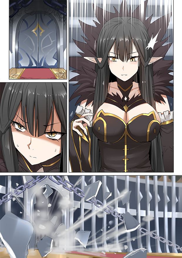 1girl breasts chains cleavage commentary_request door dust_particles explosion fate/grand_order fate_(series) fur_trim ginhaha large_breasts long_hair pointy_ears red_carpet semiramis_(fate) shards slit_pupils solo surprised sweat very_long_hair yellow_eyes