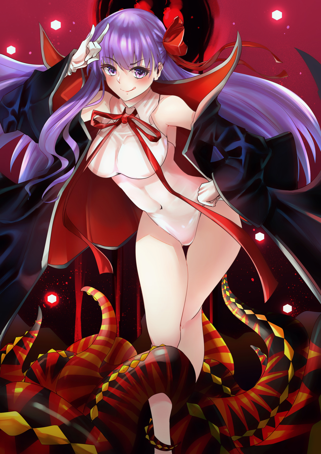 1girl bb_(fate)_(all) bb_(swimsuit_mooncancer)_(fate) black_coat breasts covered_navel eyebrows_visible_through_hair fate/grand_order fate_(series) feet_out_of_frame gloves highleg highleg_leotard highres large_breasts leaning_forward leotard long_hair looking_at_viewer popped_collar purple_hair red_ribbon ribbon shumiao solo tentacle tsurime violet_eyes white_gloves white_leotard
