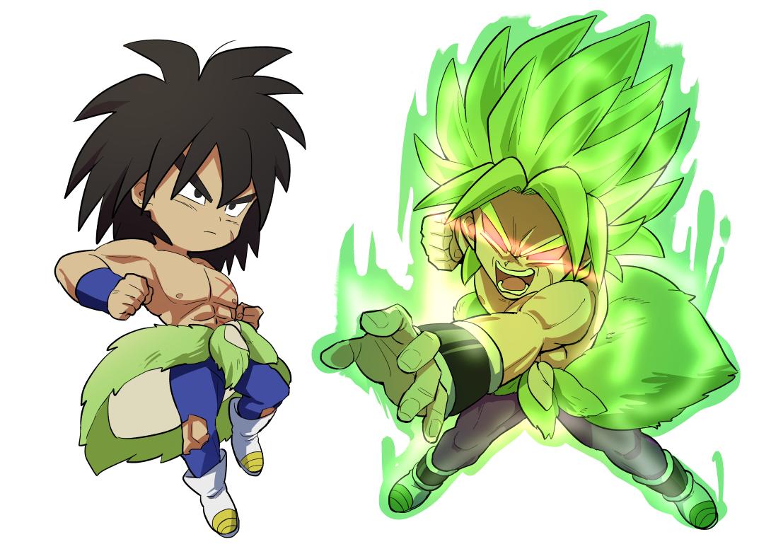 2boys arms_at_sides aura bidarian black_eyes black_hair boots broly_(dragon_ball_super) chibi clenched_hands dragon_ball dragon_ball_super_broly dual_persona expressionless fingernails full_body glowing glowing_eyes green_hair incoming_punch looking_away male_focus multiple_boys nipples no_pupils open_mouth outstretched_arm red_eyes scar shaded_face shirtless short_hair simple_background spiky_hair teeth torn_clothes torn_legwear white_background wristband