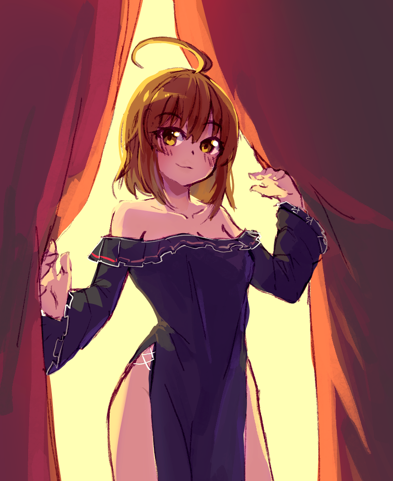 1girl ahoge andou_natsuki artist_request bare_shoulders breasts brown_eyes brown_hair cleavage closed_mouth dress kitakubu_katsudou_kiroku looking_at_viewer medium_breasts short_hair side_slit smile solo