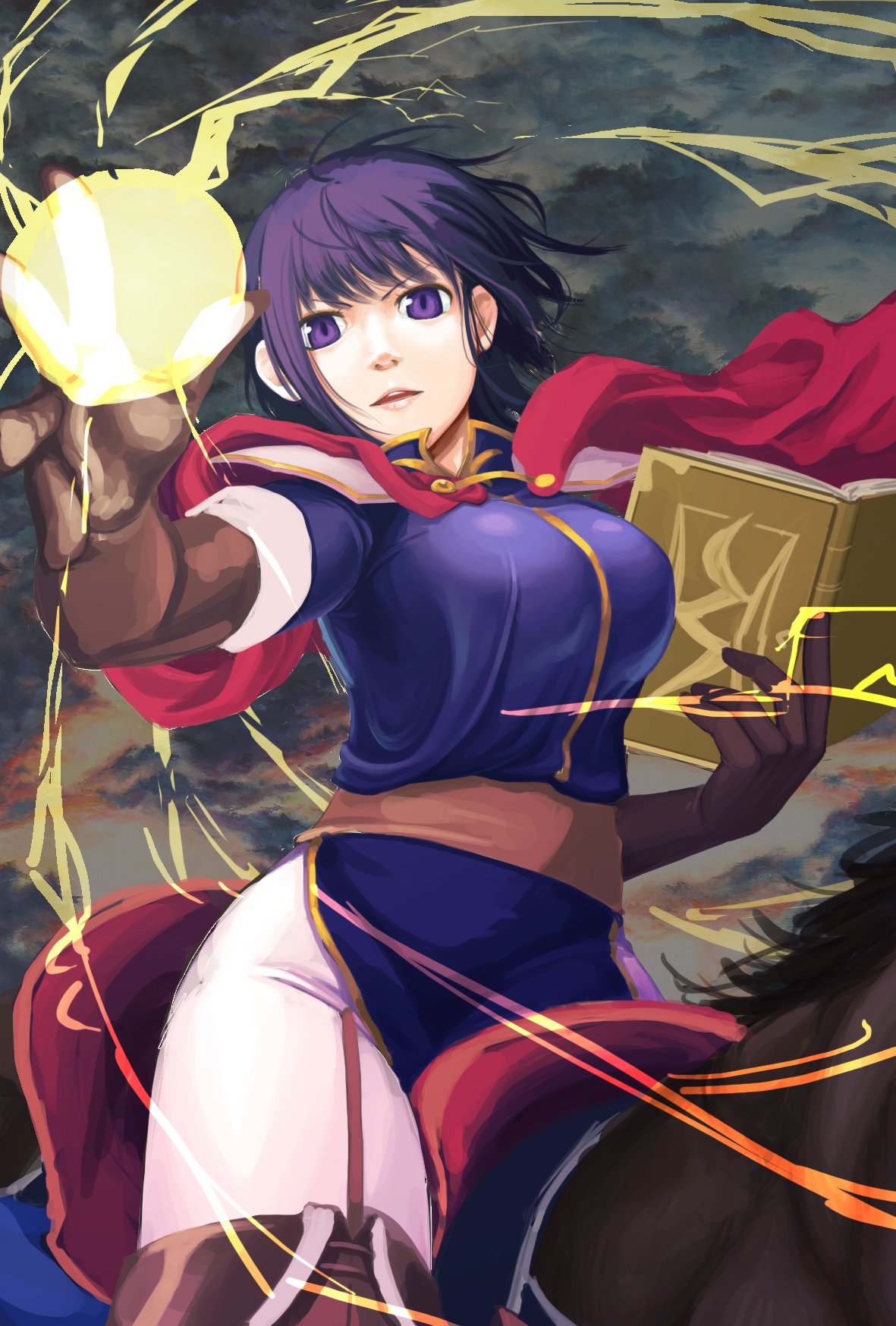 1girl animal cape elbow_gloves fire_emblem fire_emblem:_thracia_776 fire_emblem_heroes gloves highres horse horseback_riding looking_at_viewer nintendo olwen_(fire_emblem) purple_hair riding solo thigh-highs traditional_media violet_eyes watercolor_(medium)