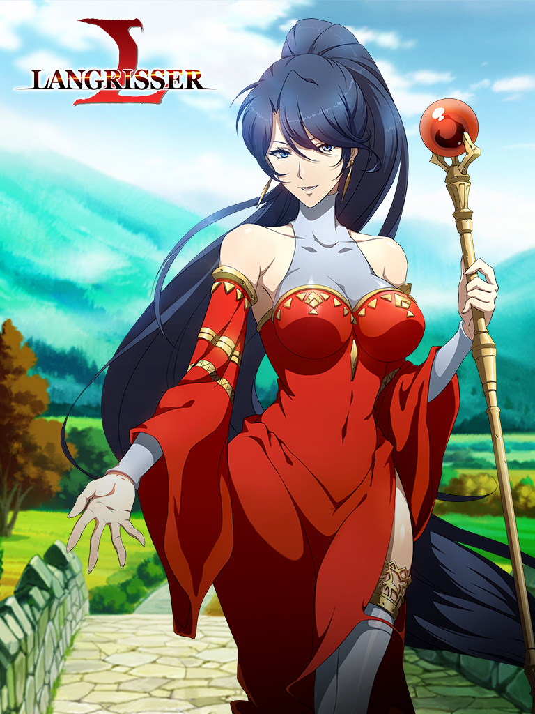 1girl armpits bare_shoulders blue_eyes blue_hair breasts copyright_name covered_navel detached_sleeves dress earrings forest jessica_(langrisser) jewelry langrisser large_breasts long_hair long_ponytail long_sleeves nature official_art outdoors outstretched_arm road side_slit sky smile solo staff thigh-highs thigh_strap tree turtleneck turtleneck_dress very_long_hair white_legwear wide_sleeves