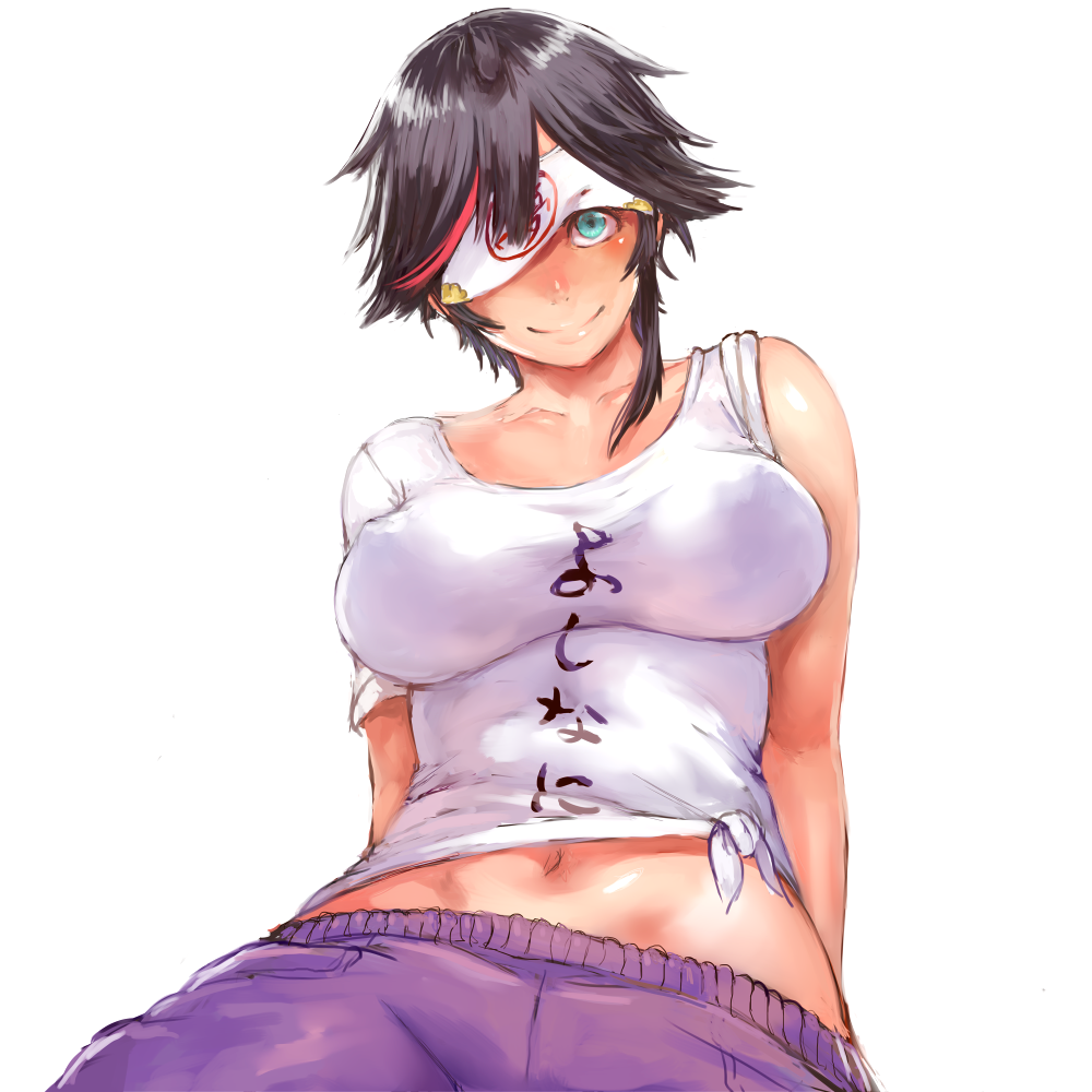 1girl aqua_eyes bare_shoulders black_hair blush breasts collarbone covered_nipples large_breasts looking_at_viewer minori_yumeko minori_yumeko_(character) multicolored_hair navel one_eye_covered short_hair shu-mai simple_background smile solo streaked_hair virtual_youtuber white_background