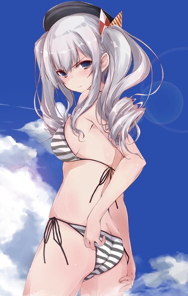 1girl ass beret bikini black_hat blue_eyes blue_sky breasts butt_crack clouds commentary_request condensation_trail cowboy_shot day from_behind hat kantai_collection kashima_(kantai_collection) lens_flare looking_at_viewer outdoors side-tie_bikini sideboob sidelocks silver_hair sky solo standing striped striped_bikini swimsuit tsurime twintails wavy_hair yumesato_makura