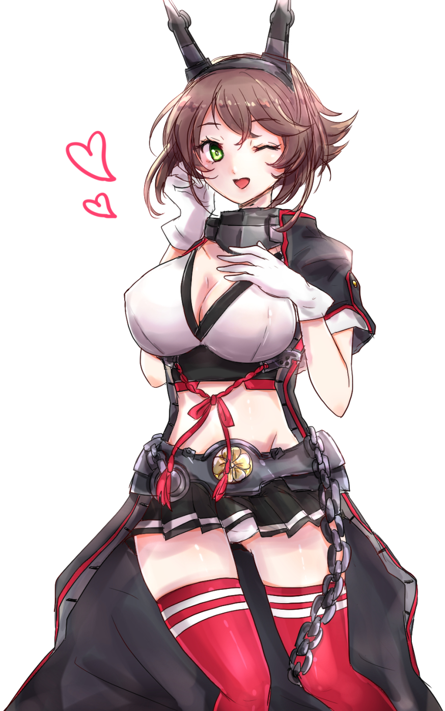 1girl black_jacket breasts brown_hair chains chemaru_(a8l) cleavage collar collarbone flipped_hair gloves green_eyes hand_on_own_chest headgear heart highres jacket kantai_collection large_breasts looking_at_viewer metal_belt metal_collar midriff mutsu_(kantai_collection) one_eye_closed open_clothes open_jacket open_mouth panties pantyshot pantyshot_(standing) red_legwear remodel_(kantai_collection) short_hair short_sleeves simple_background solo spoken_heart standing thigh-highs underwear upper_body white_background white_gloves white_panties