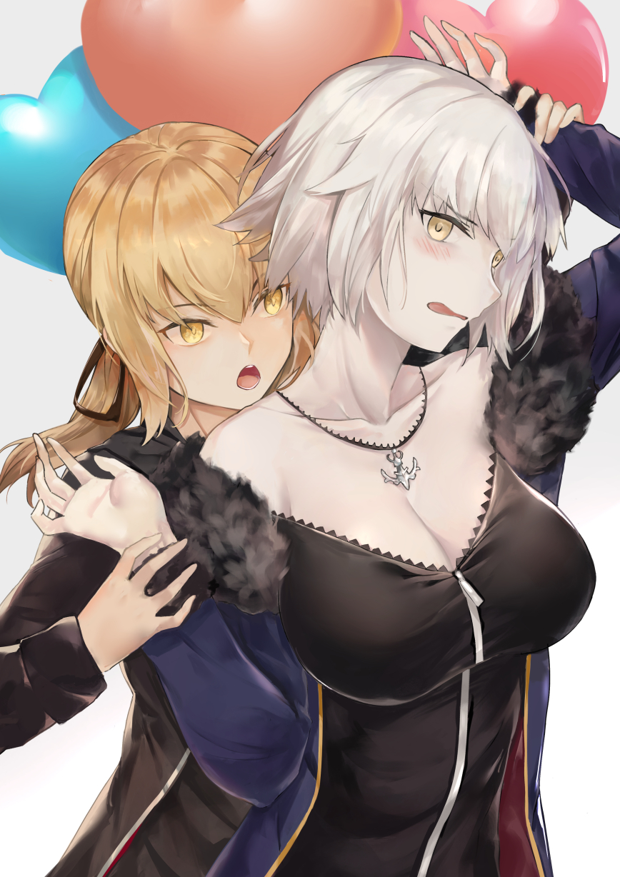 2girls artoria_pendragon_(all) bk201 black_shirt blonde_hair breasts commentary_request eyebrows_visible_through_hair fate/apocrypha fate/grand_order fate_(series) gradient gradient_background hair_between_eyes hair_ribbon heart highres jacket jeanne_d'arc_(alter)_(fate) jeanne_d'arc_(fate)_(all) jewelry large_breasts long_sleeves looking_at_viewer multiple_girls necklace ribbon saber_alter shirt short_hair simple_background smile upper_body white_hair wicked_dragon_witch_ver._shinjuku_1999 yellow_eyes