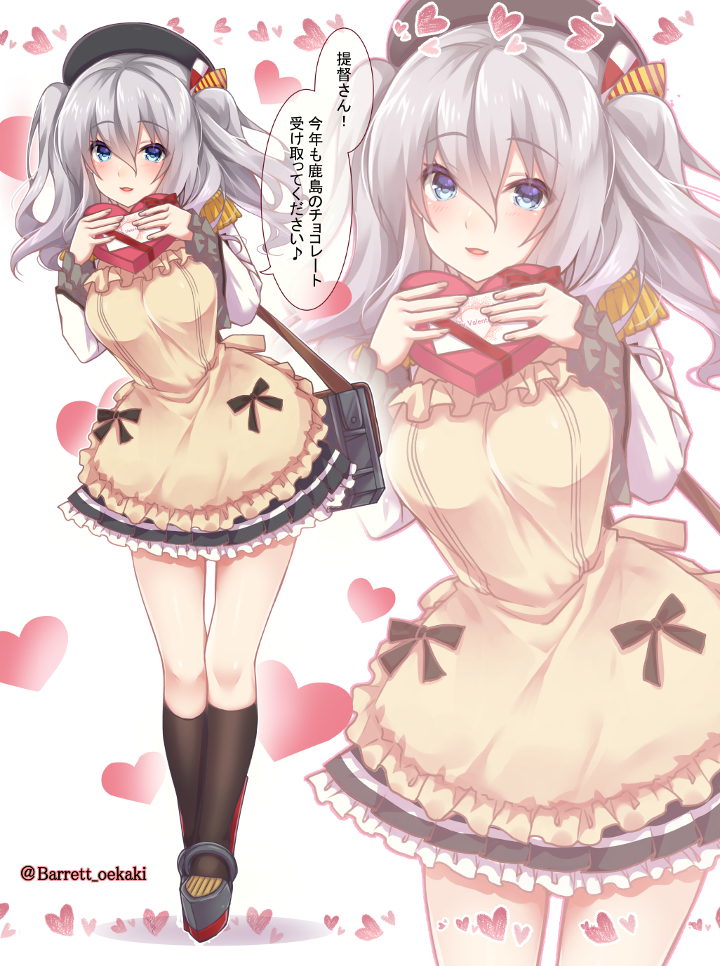 1girl apron bag baretto_(firearms_1) beret black_hat black_legwear black_skirt blue_eyes blush box breasts employee_uniform epaulettes eyebrows_visible_through_hair frilled_sleeves frills hair_between_eyes hat heart-shaped_box highres jacket kantai_collection kashima_(kantai_collection) kerchief large_breasts long_hair long_sleeves looking_at_viewer military military_jacket military_uniform miniskirt open_mouth pleated_skirt sidelocks silver_hair skirt socks thighs translation_request twintails uniform valentine wavy_hair white_jacket