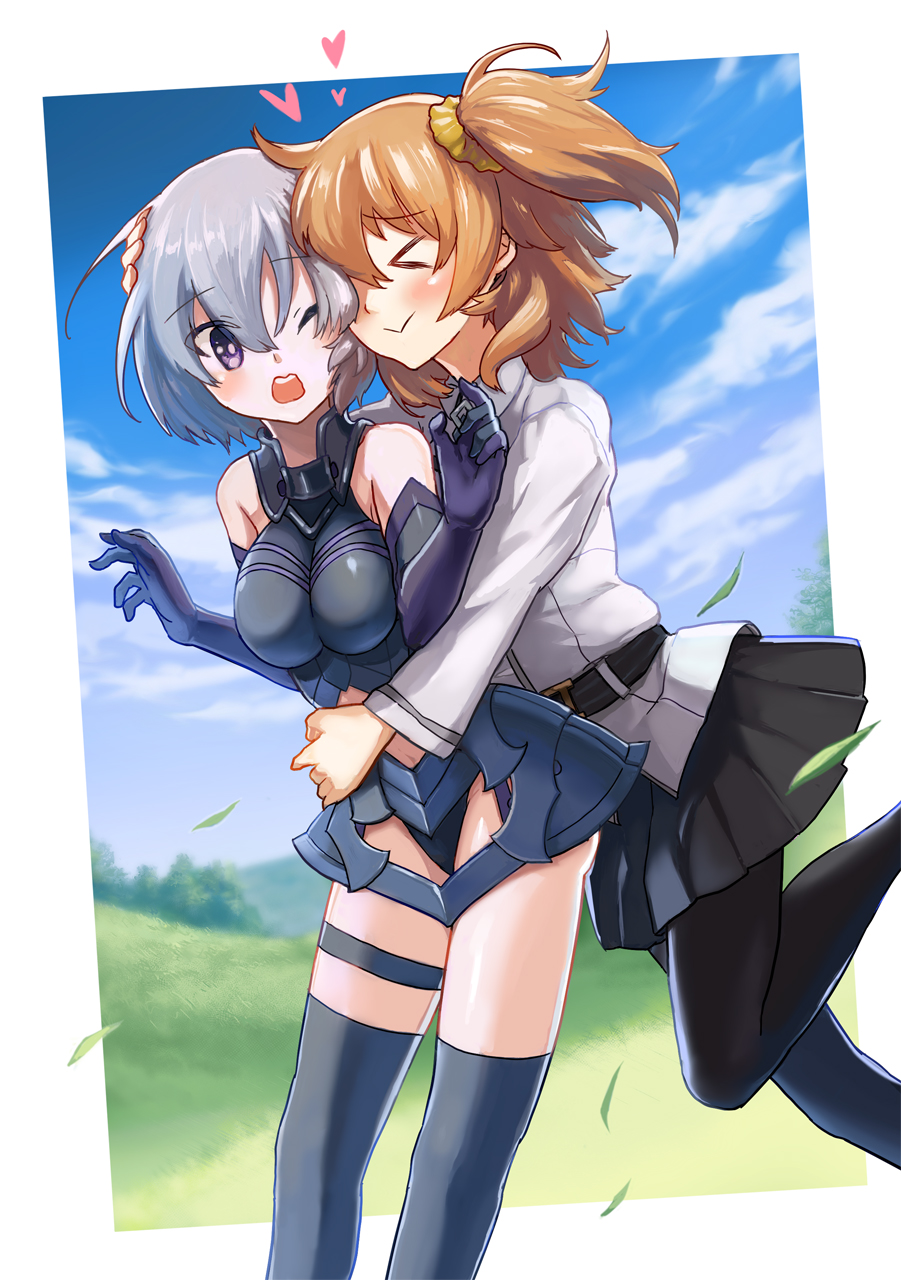 2girls armored_leotard belt black_legwear black_leotard black_skirt blush brown_hair closed_eyes day elbow_gloves fate/grand_order fate_(series) faulds fujimaru_ritsuka_(female) gloves hair_ornament hair_scrunchie hand_on_another's_head heart highres hug hug_from_behind jacket leotard long_hair long_sleeves mash_kyrielight midriff miniskirt multiple_girls navel_cutout one_eye_closed open_mouth outdoors pantyhose pleated_skirt scrunchie short_hair side_ponytail silver_hair skirt smile standing stomach thigh-highs thigh_strap touru_10ru uniform violet_eyes white_jacket yellow_scrunchie yuri