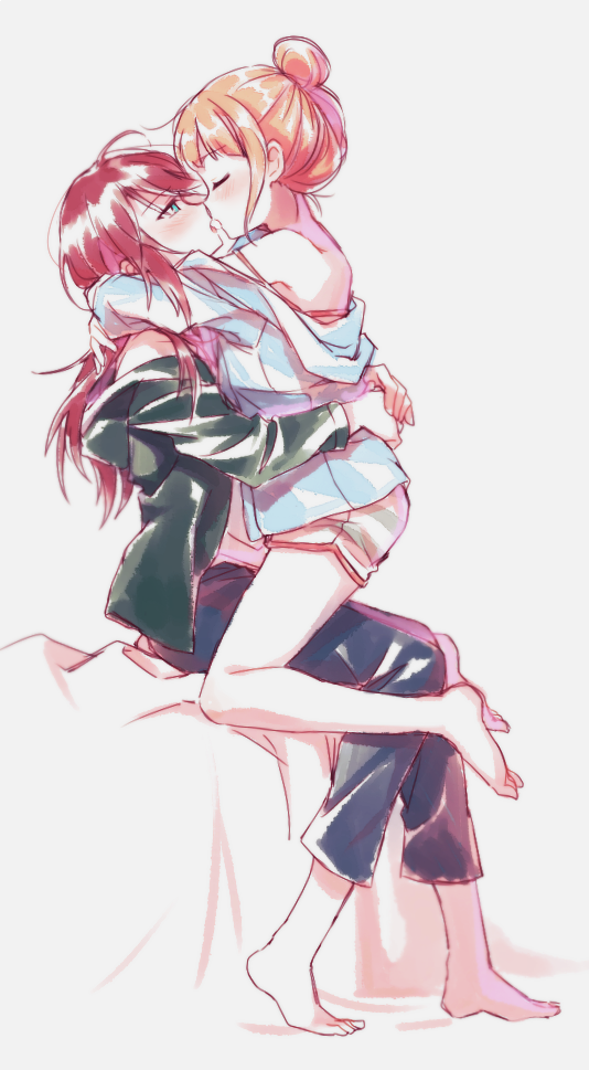 2girls bang_dream! bangs barefoot black_pants blue_eyes blue_shirt blush closed_eyes from_side green_jacket grey_background hair_bun hair_up hood hood_down hooded_jacket hug jacket kiss long_hair multiple_girls off_shoulder on_bed pants pink_hair re_ghotion redhead shirt shorts sidelocks sitting sitting_on_bed sitting_on_person spaghetti_strap strap_slip striped striped_shorts udagawa_tomoe uehara_himari yuri