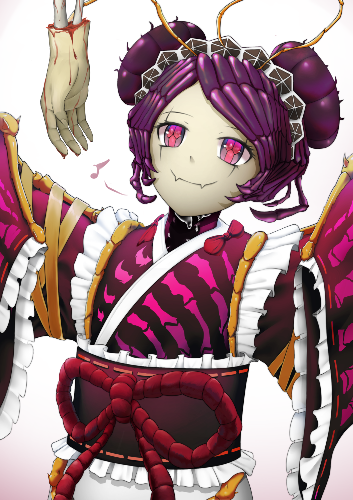 1girl antennae blood bone double_bun entoma_vasilissa_zeta eta37 fangs frills insect_girl long_sleeves maid maid_headdress monster_girl overlord_(maruyama) smile solo wide_sleeves