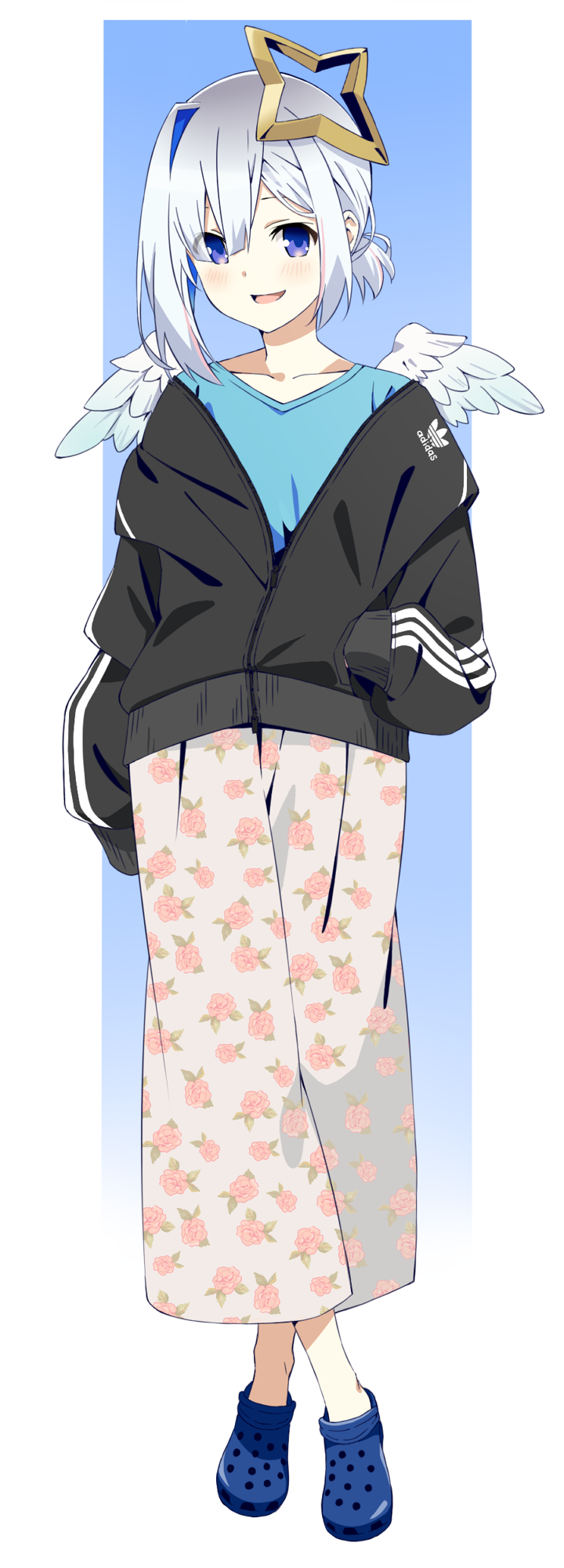 1girl :d adidas akitetsu alternate_costume amane_kanata angel_wings aqua_shirt asymmetrical_hair black_jacket blue_background blue_eyes blue_footwear blue_hair blush casual commentary crocs crossed_legs eyes_visible_through_hair flat_chest floral_print full_body hair_between_eyes halo hand_in_pocket highres hololive jacket looking_at_viewer medium_hair multicolored_hair open_mouth pants partially_unzipped pink_hair shirt silver_hair simple_background smile solo standing streaked_hair t-shirt two-tone_background virtual_youtuber white_background wings