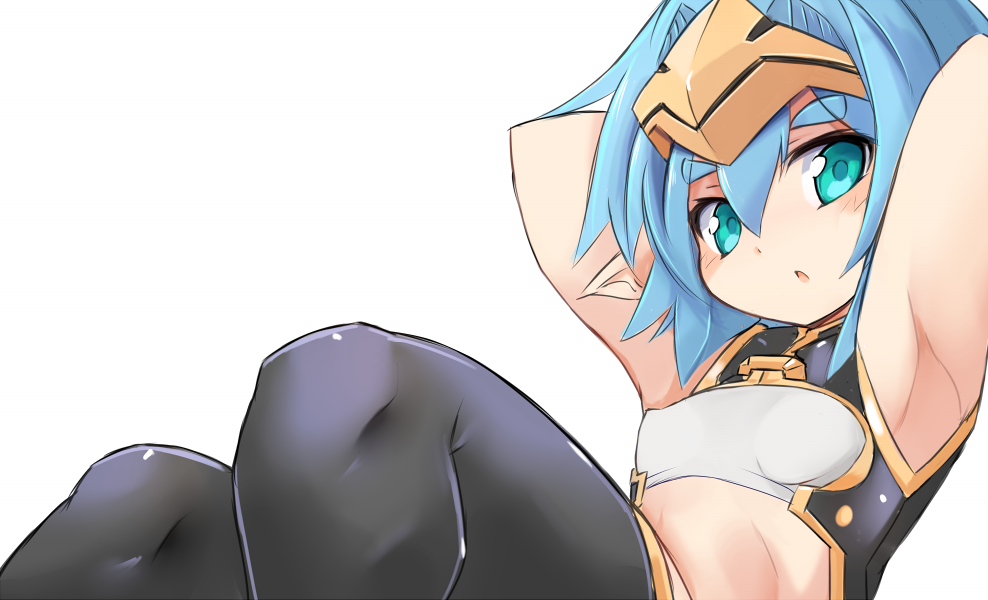 1girl armpits arms_up bangs black_legwear blue_hair blush breasts eyebrows_visible_through_hair green_eyes hair_between_eyes hellmatio karukan_(monjya) parted_lips pointy_ears shinrabanshou simple_background sitting small_breasts solo thick_eyebrows thigh-highs white_background