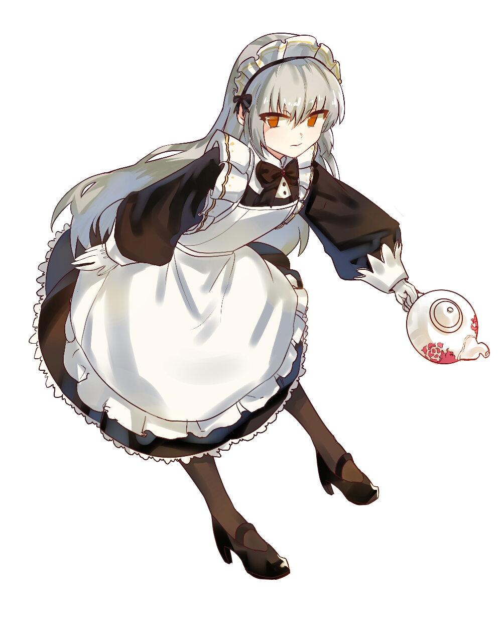 1girl alternate_costume apron black_footwear black_legwear black_neckwear black_shirt black_skirt elsword enmaided eve_(elsword) frilled_apron frilled_skirt frills gloves hair_between_eyes high_heels highres holding_pot leaning_forward long_hair long_sleeves looking_at_viewer maid maid_headdress orange_eyes pumps shiny shiny_hair shirt silver_hair simple_background skirt solo standing teapot uki5241 very_long_hair white_apron white_background white_gloves