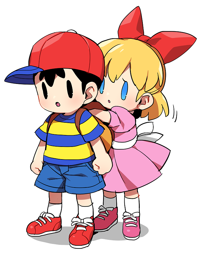 1boy 1girl ape_(company) bag baseball_bat black_hair blonde_hair blue_eyes blush bow child dress hair_bow hal_laboratory_inc. hat kid long_hair mother_(game) mother_2 ness nintendo paula_(mother_2) ribbon shirt short_hair simple_background smile striped striped_shirt suno_(imydream) white_background