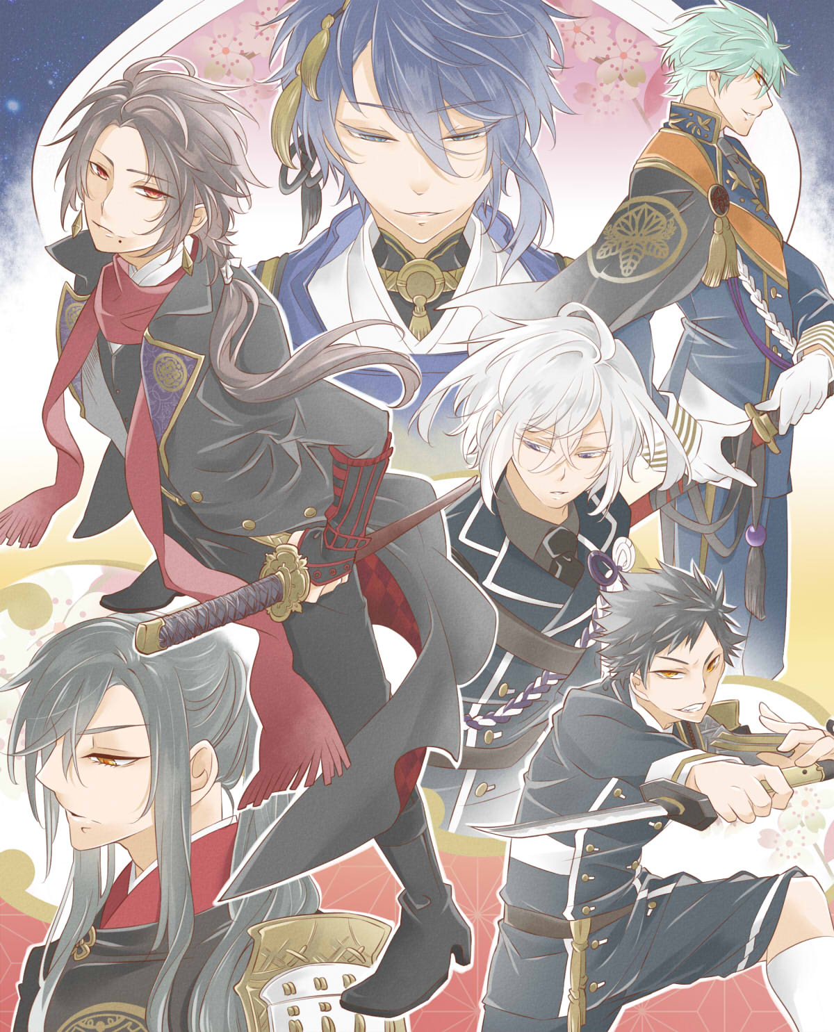 6+boys aqua_hair armor atsushi_toushirou black_hair blue_hair capelet grin haruka_(one01luffylove) highres holding holding_weapon honebami_toushirou ichigo_hitofuri japanese_armor japanese_clothes kashuu_kiyomitsu long_hair looking_at_viewer looking_down male_focus mikazuki_munechika military military_uniform mole mole_under_mouth multiple_boys orange_eyes red_eyes red_scarf scarf sidelocks silver_hair smile tantou tarou_tachi touken_ranbu uniform weapon