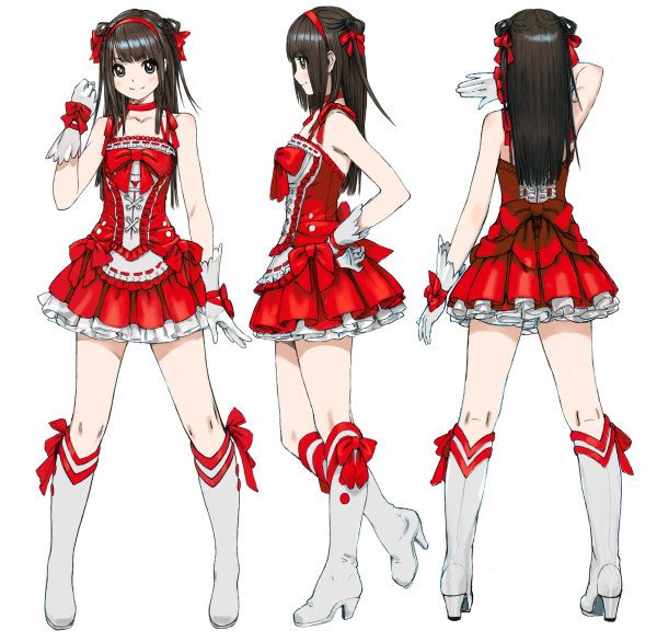 1girl black_hair boots bow character_sheet dress from_behind from_side full_body gloves headband high_heel_boots high_heels multiple_views original red_bow red_dress red_ribbon ribbon sleeveless white_boots white_footwear white_gloves yasuda_akira