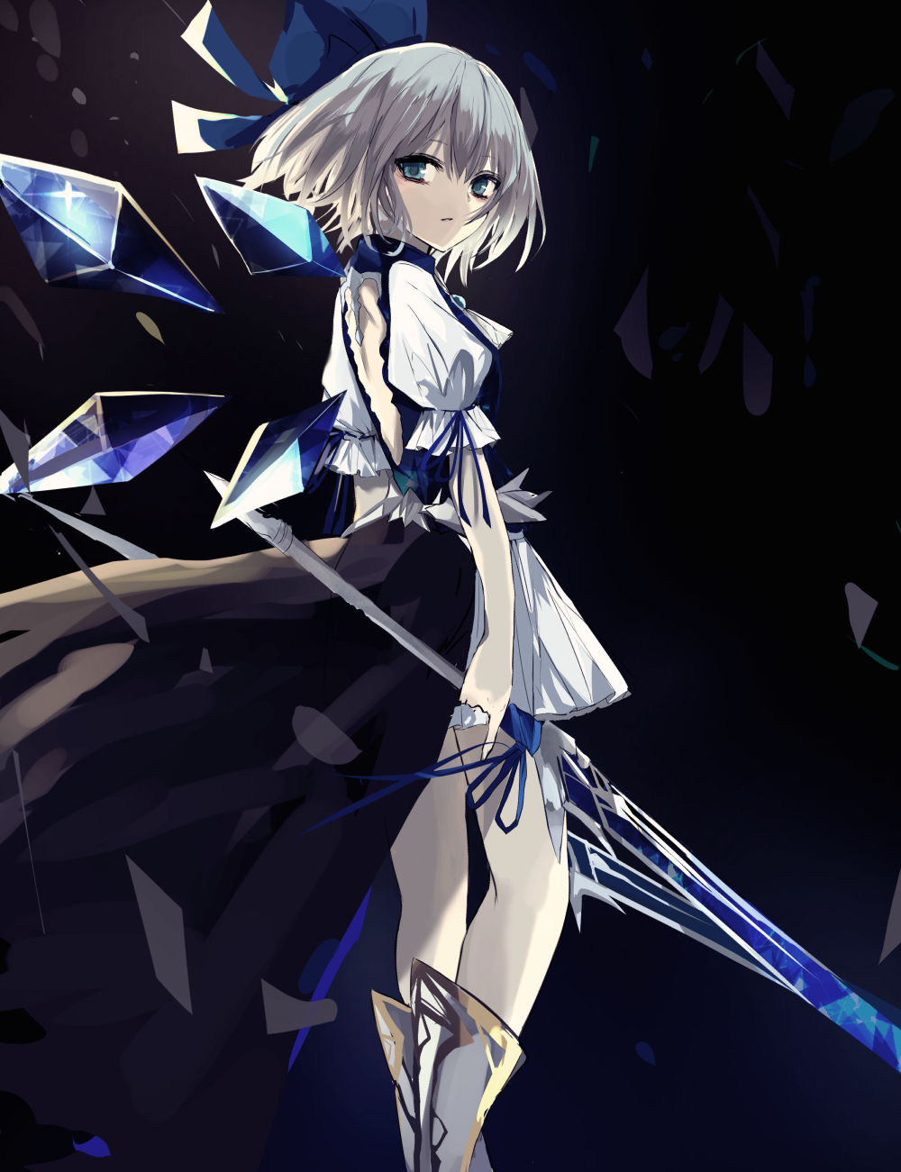 1girl back back_cutout bangs beckzawachi blue_bow blue_eyes blue_hair blue_ribbon bow cirno detached_wings dress fairy hair_between_eyes hair_bow highres holding holding_spear holding_weapon ice ice_wings light_blue_hair overskirt polearm ribbon short_dress solo spear touhou weapon wings