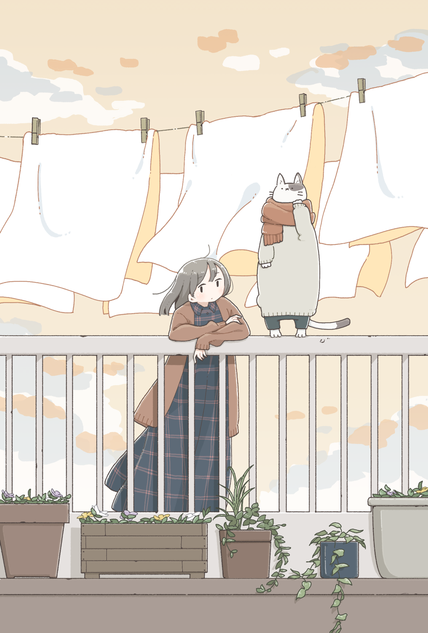 1girl cat clothesline clouds cloudy_sky dress east_sha2 eyebrows_visible_through_hair grey_hair highres long_hair long_sleeves no_nose orange_scarf orange_sky original outdoors plaid plaid_dress plant scarf sky