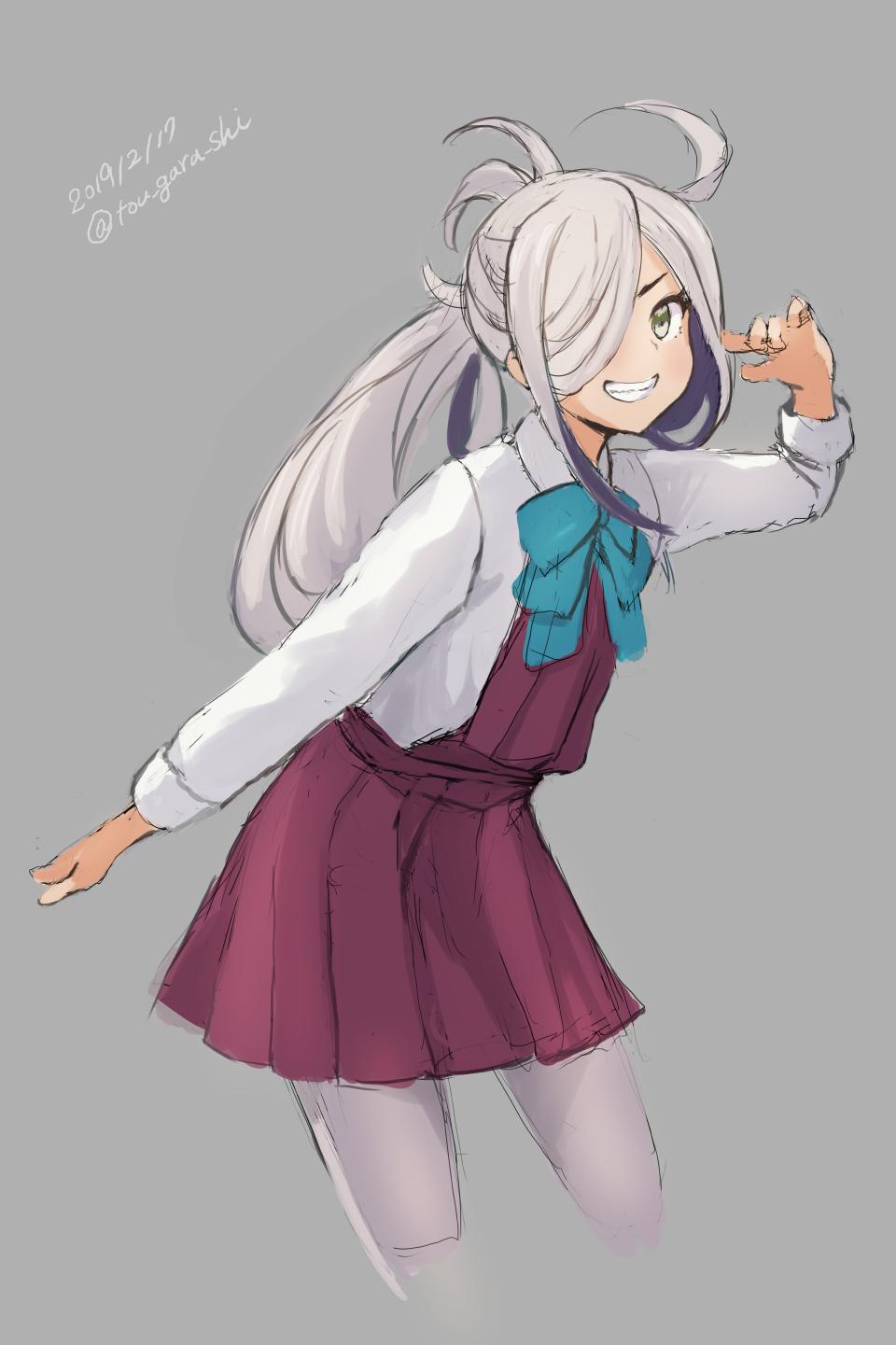 1girl ahoge asashimo_(kantai_collection) bow bowtie cowboy_shot cropped_legs dated eyes_visible_through_hair green_eyes grey_background grey_legwear grin hair_over_one_eye halterneck highres kantai_collection karashi_(tou_gara_shi) long_hair looking_at_viewer pantyhose ponytail school_uniform sharp_teeth shirt silver_hair simple_background smile solo teeth twitter_username white_shirt