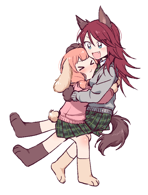 &gt;_&lt; 2girls :d :t animal_ears bang_dream! blush cardigan commentary_request dog_ears dog_tail fang gloves green_eyes green_skirt grey_cardigan hand_on_another's_head hug kemonomimi_mode long_hair long_sleeves low_twintails miniskirt multiple_girls open_mouth paw_boots paw_gloves paws pink_cardigan pink_hair plaid plaid_skirt pleated_skirt re_ghotion redhead simple_background skirt smile tail twintails udagawa_tomoe uehara_himari white_background yuri