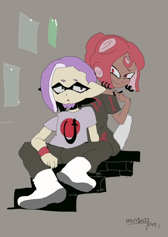 2boys black_pants black_shirt dark_skin dark_skinned_male facial_hair goatee grey_shirt ikkan_(splatoon) looking_at_viewer looking_back male_focus mentako_(mentaco) multiple_boys octarian pants pointy_ears purple_hair redhead shirt skeleton_print smile splatoon splatoon_(series) splatoon_2 t-shirt tentacle_hair tentacle_piercing warabi_(splatoon) wristband