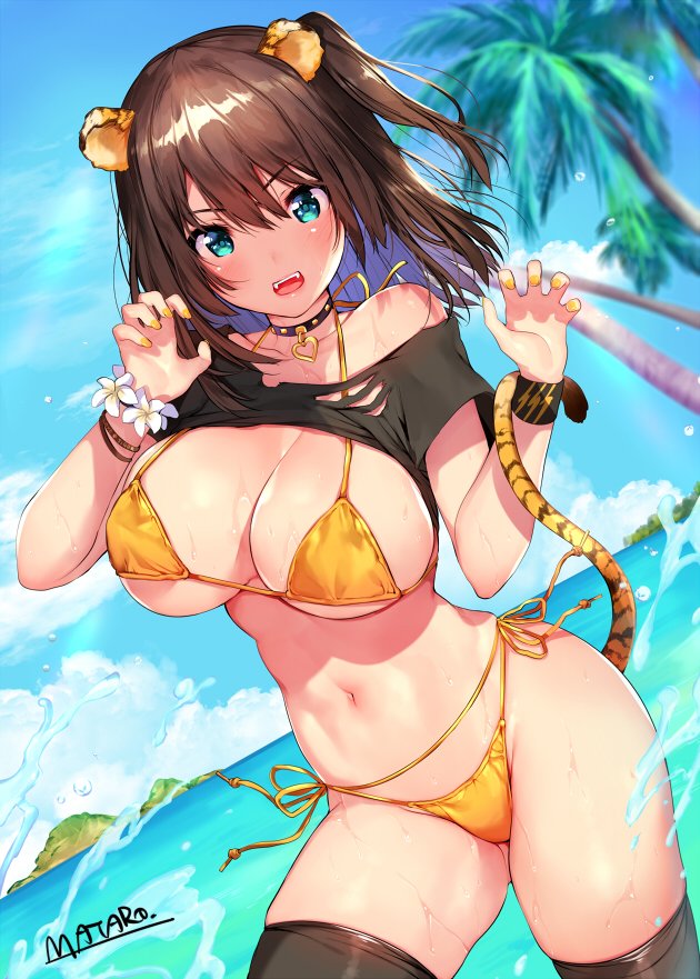 1girl animal_ears aqua_eyes bikini blurry bracelet breasts brown_hair choker claw_pose cleavage commentary_request contrapposto cowboy_shot day depth_of_field fangs flower_bracelet horizon jewelry large_breasts looking_at_viewer matarou_(genkai_toppa) medium_hair nail_polish navel one_side_up open_mouth original outdoors shirt shirt_lift side-tie_bikini solo standing sweat swimsuit tail tiger_ears tiger_tail torn_clothes torn_shirt v-shaped_eyebrows wristband yellow_bikini