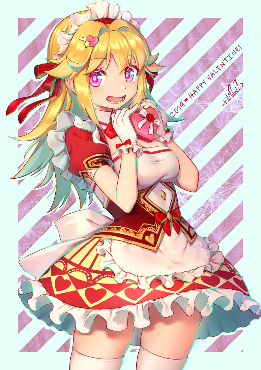 1girl 2019 :d apron artist_name bangs blonde_hair bow box breasts corset cowboy_shot dress eyebrows_visible_through_hair frilled_apron frilled_dress frilled_gloves frills gloves hair_flaps hair_intakes hair_ornament hairclip happy_valentine heart heart-shaped_box heart_hair_ornament highres holding long_hair looking_at_viewer maid_headdress medium_breasts mitake_eiru open_mouth original pink_eyes red_bow red_dress smile solo thigh-highs valentine waitress white_apron white_bow white_gloves white_legwear zettai_ryouiki