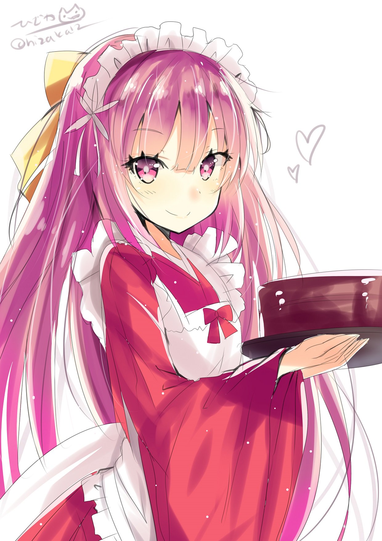 1girl alternate_costume apron blush bow cake chocolate closed_mouth eyebrows_visible_through_hair food frills gradient_hair hair_between_eyes heart highres hizaka japanese_clothes kamikaze_(kantai_collection) kantai_collection kimono long_hair looking_at_viewer maid maid_apron maid_headdress multicolored_hair pink_hair red_kimono simple_background smile twitter_username white_background yellow_bow