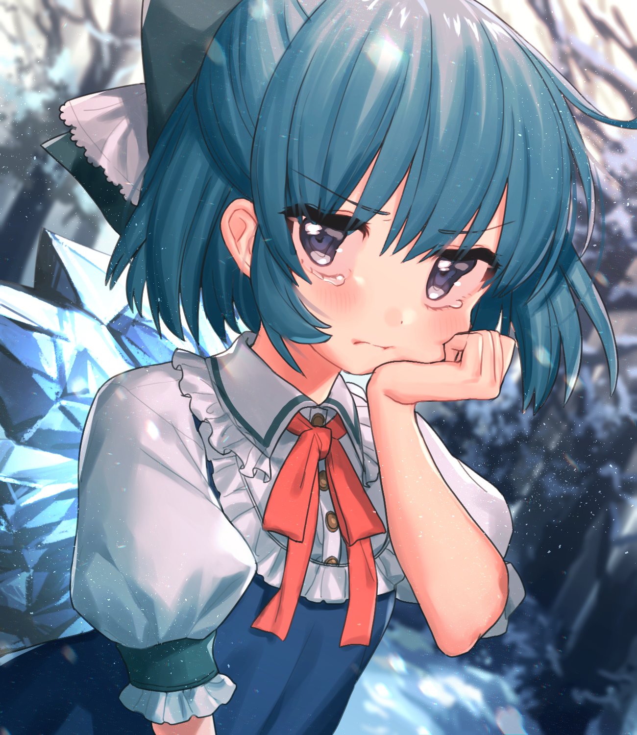 1girl bangs bare_tree blue_bow blue_dress blue_eyes blue_hair blurry blurry_background blush bow cirno dress eyebrows_visible_through_hair frilled_shirt_collar frills hair_between_eyes hair_bow hand_on_own_cheek hand_up highres ice ice_wings light_particles looking_at_viewer masanaga_(tsukasa) neck_ribbon pinafore_dress red_neckwear red_ribbon ribbon shirt short_hair snow solo tears touhou tree upper_body white_shirt wings