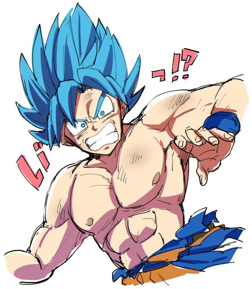 !? 1boy arm_at_side bidarian blue_eyes blue_hair clenched_teeth close-up dirty dirty_face dragon_ball dragon_ball_super dragon_ball_super_broly dragonball_z dutch_angle fingernails looking_at_viewer male_focus nervous nipples outstretched_arm shirtless short_hair simple_background son_gokuu spiky_hair super_saiyan_blue sweatdrop teeth translated upper_body white_background